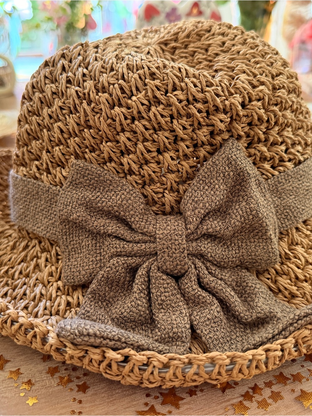 Woven Straw Sun Hat with Decorative Bow - Brown